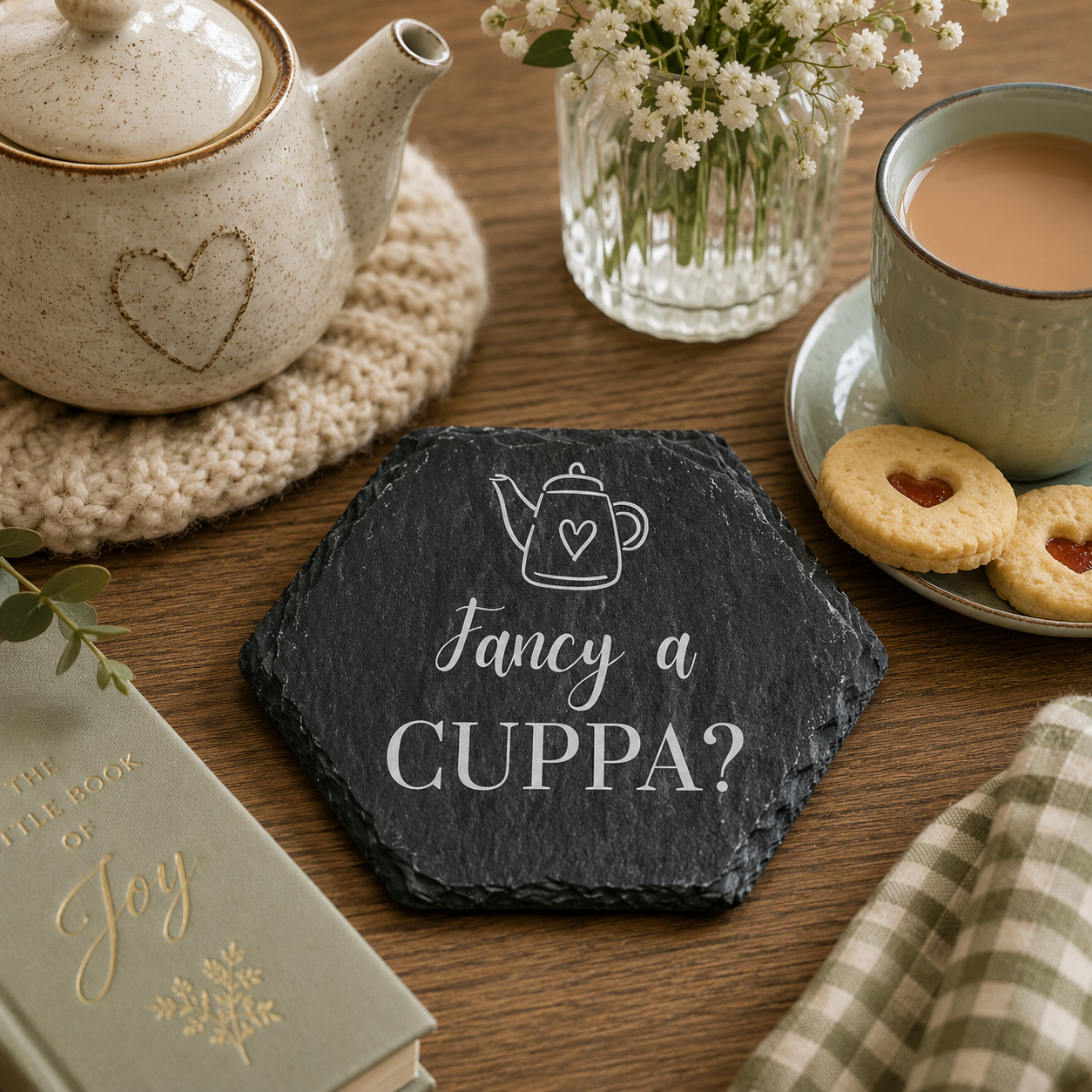 Hexagonal slate coaster with 'fancy a cuppa?' text on a wooden surface with plants, tea and biscuits.