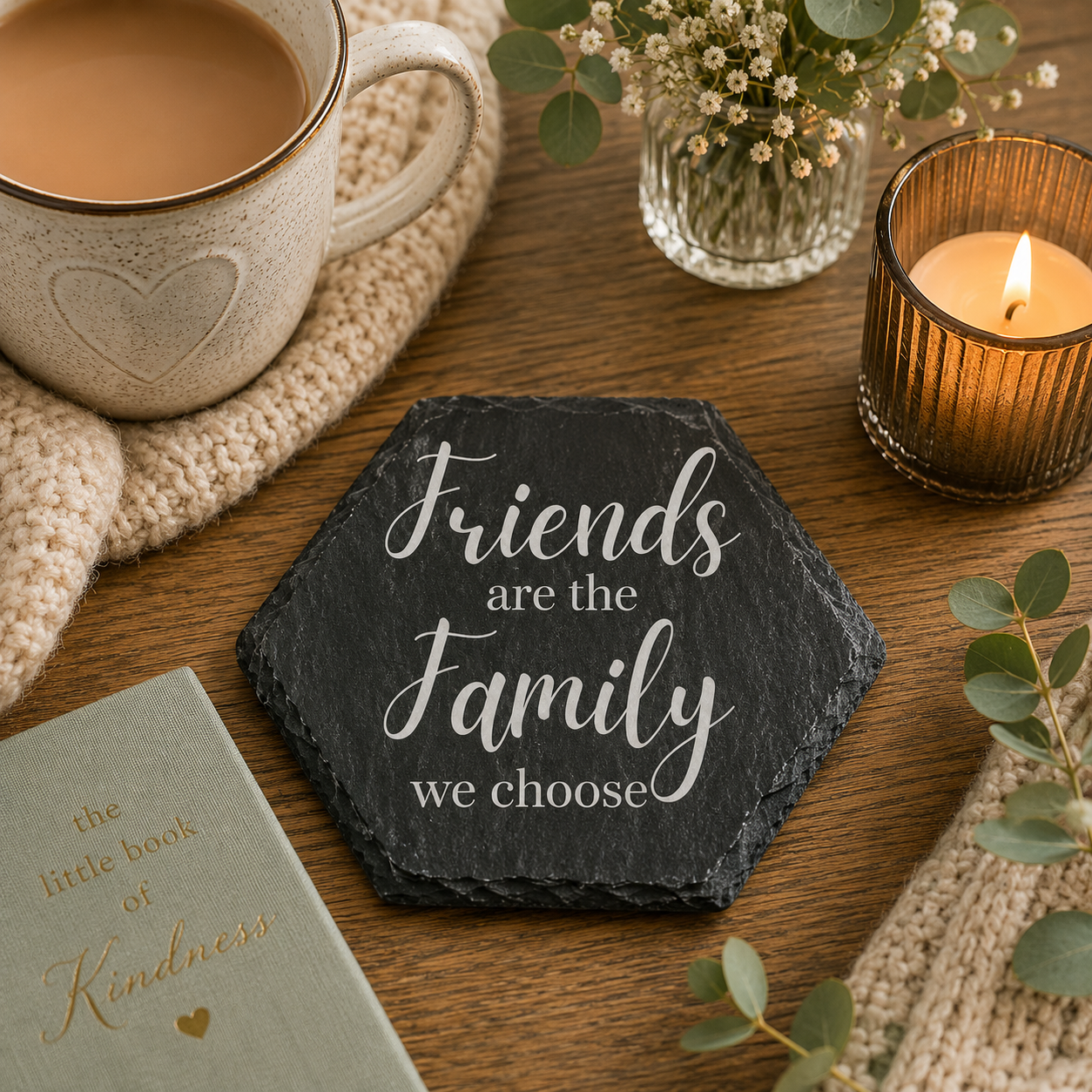 Hexagonal slate coaster with 'friends are the family we choose' text on a wooden surface with plants, tea and candles.
