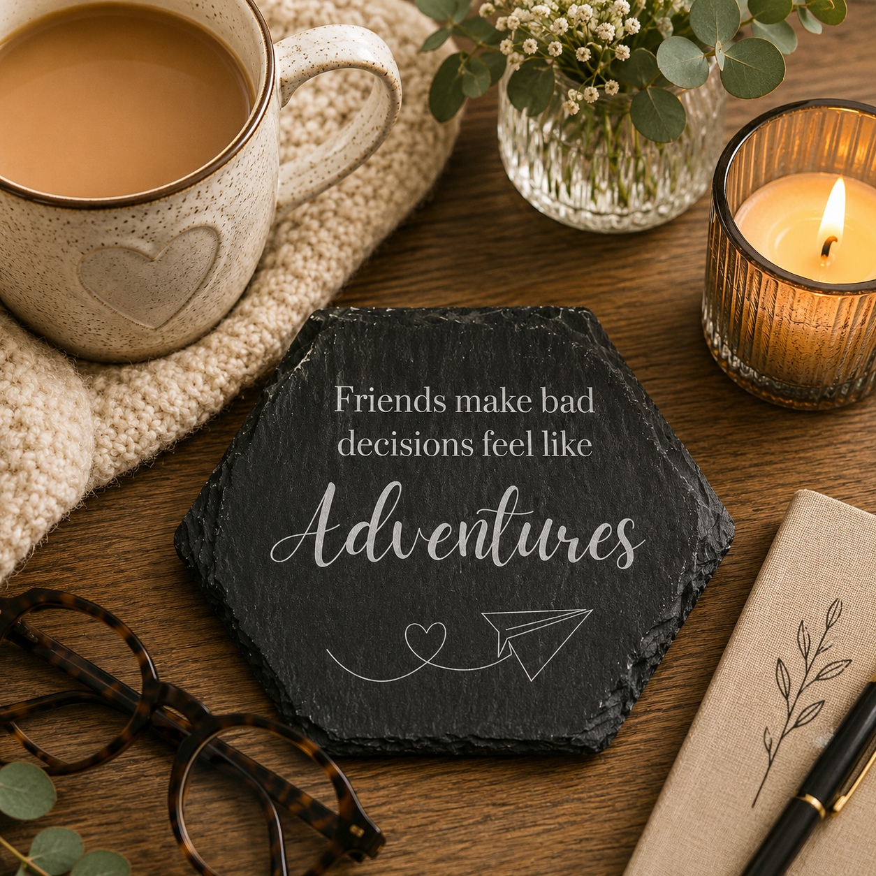Hexagonal slate coaster with 'friends make bad decisions feel like adventures' text on a wooden surface with plants.