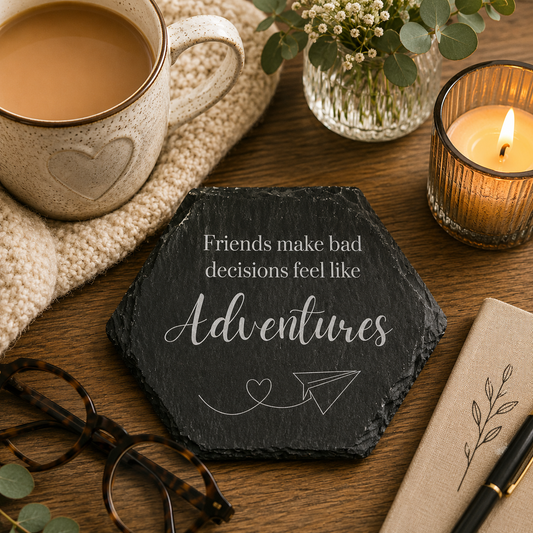 Hexagonal slate coaster with 'friends make bad decisions feel like adventures' text on a wooden surface with plants.