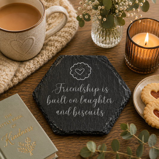 Hexagonal slate coaster with 'Friendship is built on laughter and biscuits' text on a wooden surface with mug of tea and biscuits.