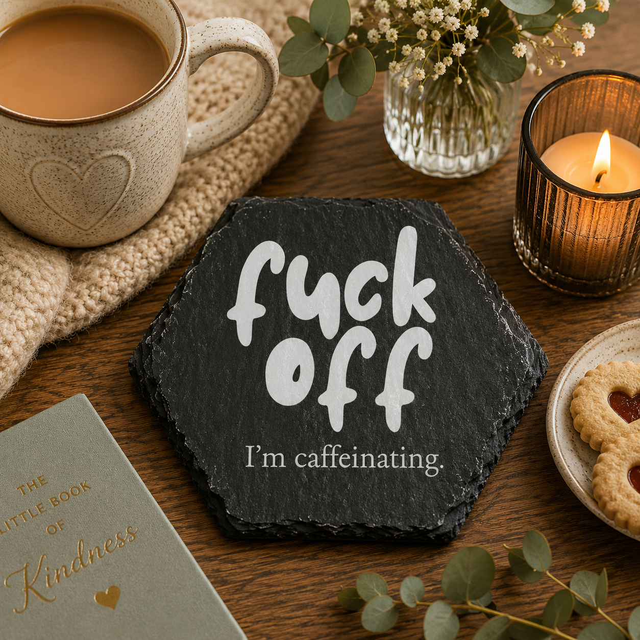 Hexagonal slate coaster with 'fuck off I'm caffeinating' text on a wooden surface with plants.