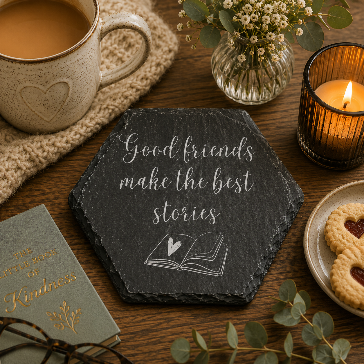 Hexagonal slate coaster with 'Good friends make the best stories' text on a wooden surface with plants, tea and candles.
