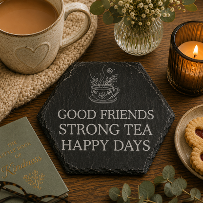Hexagonal slate coaster with 'good friends strong tea happy days' text on a wooden surface with plants, tea cup and biscuits.