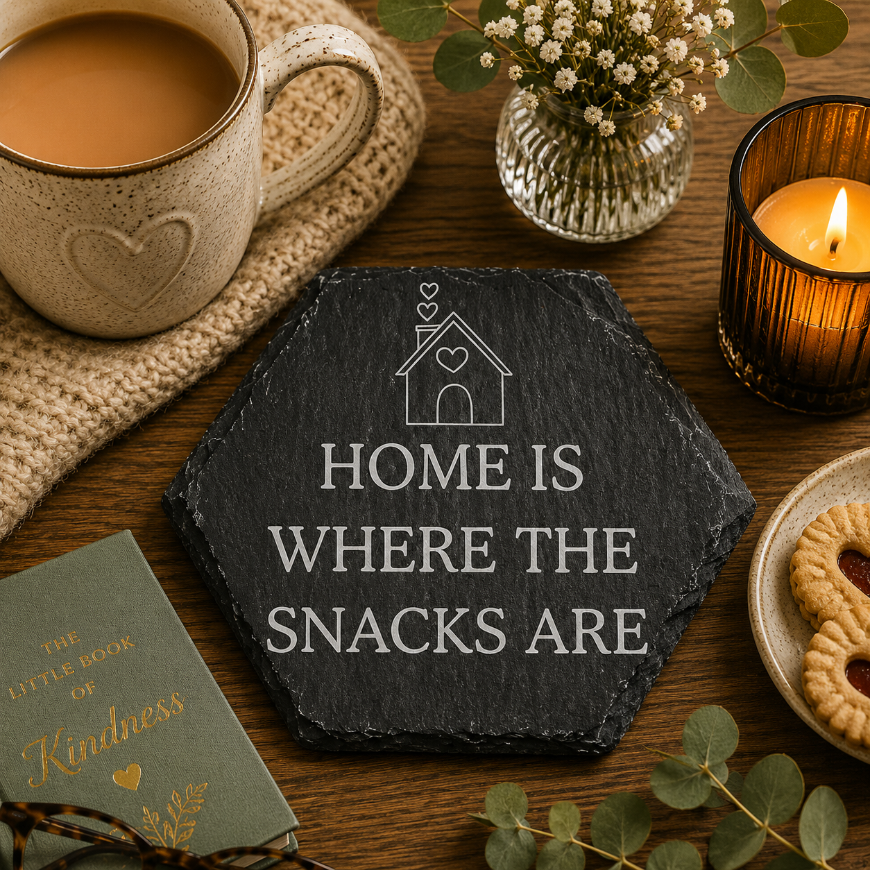 Hexagonal slate coaster with 'home is where the snack are' text on a wooden surface with plants, tea and candle.