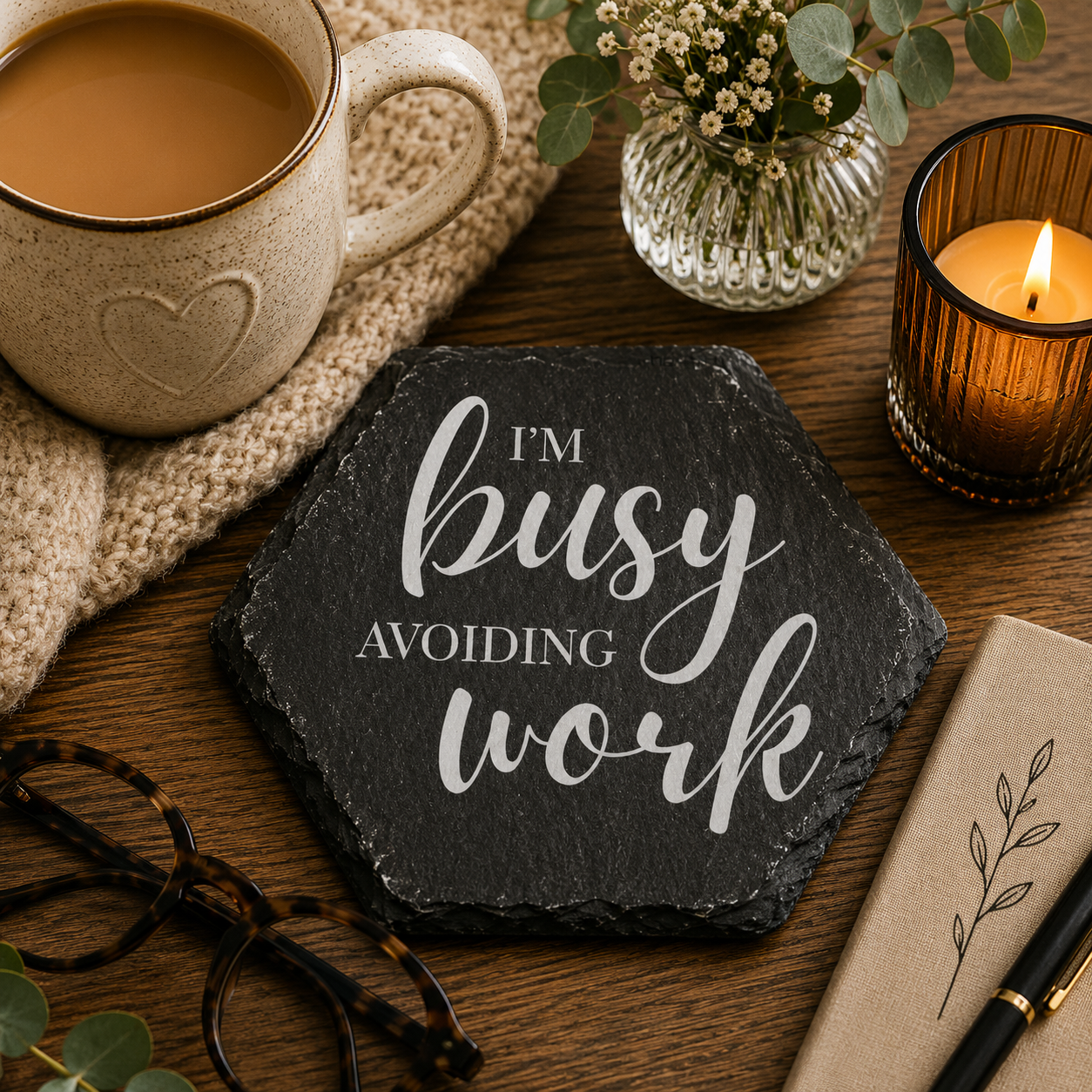 Hexagonal slate coaster with 'I'm busy avoiding work' text on a wooden surface with plants, mug of tea and notebook.