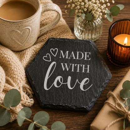 Hexagonal slate coaster with 'made with love' text on a wooden surface with plants, tea and candle.