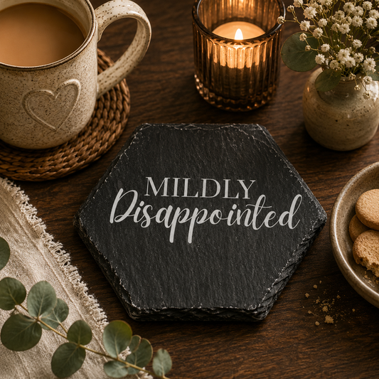 Hexagonal slate coaster with 'mildly disappointed' text on a wooden surface with plants, tea and candle.
