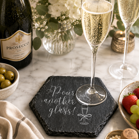 Hexagonal slate coaster with 'pour another glass' text on a marble bar with prosecco glass and bottle.