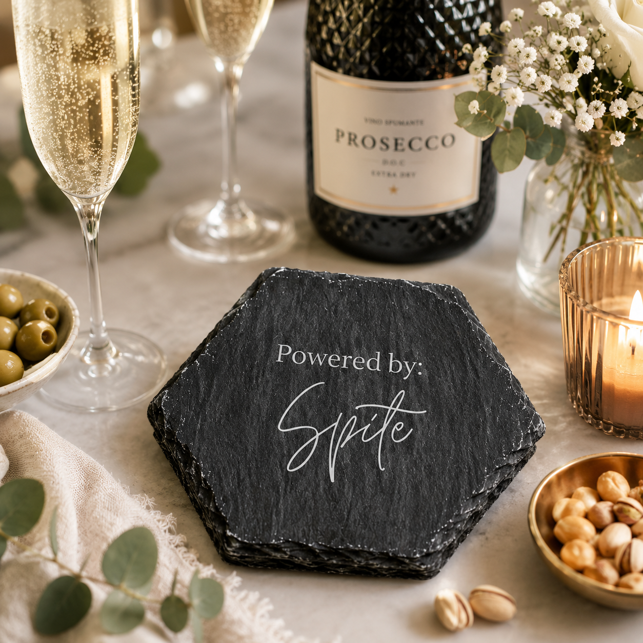 Hexagonal slate coaster with 'Powered by: Spite' text on a marble surface with prosecco bottle and glasses.