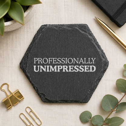 Hexagonal black slate coaster with 'PROFESSIONALLY UNIMPRESSED' text on a light surface with office supplies.