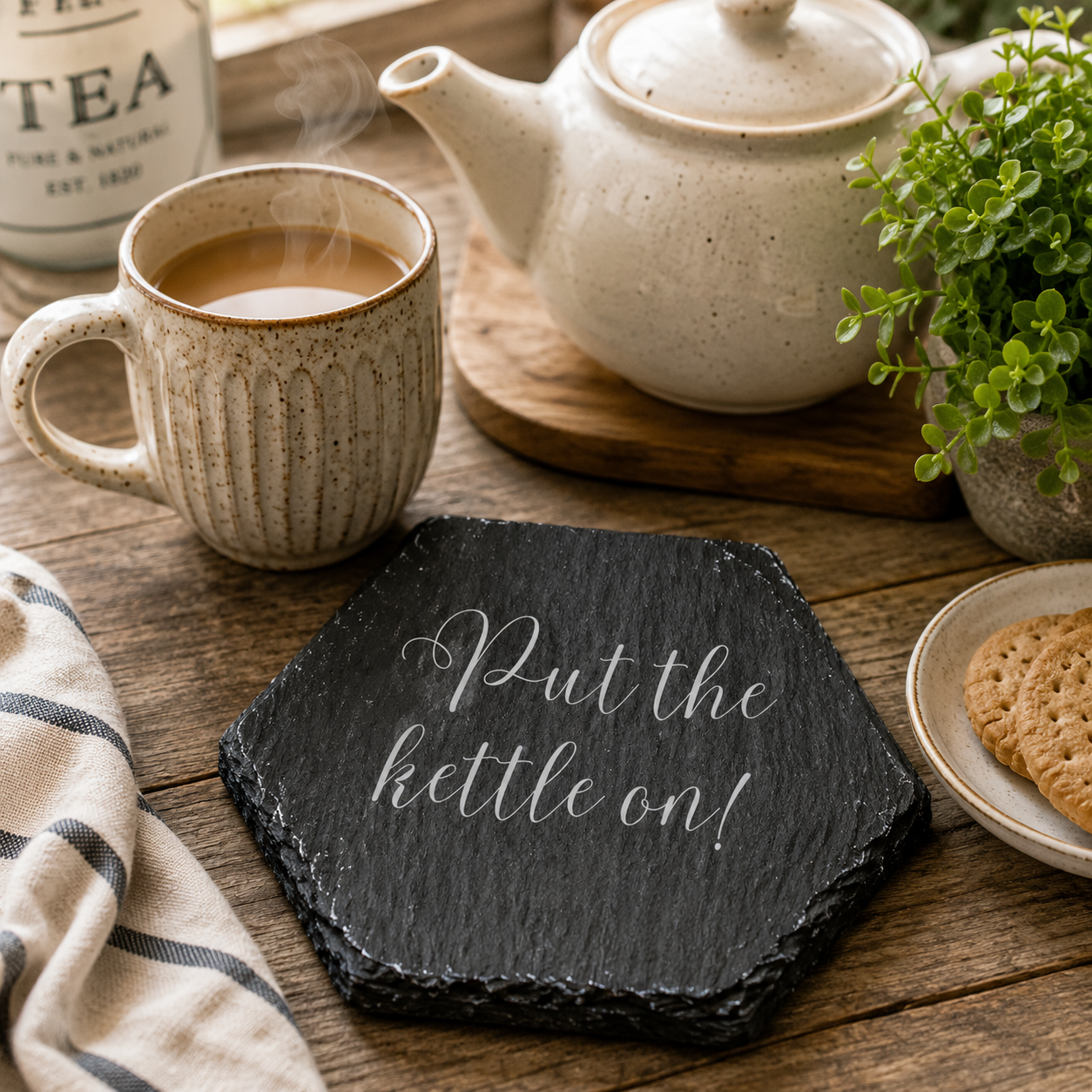 Hexagonal slate coaster with 'put the kettle on' text on a wooden surface with plants, teapot and teacup.