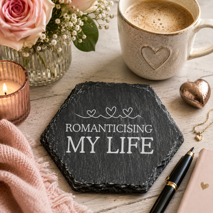Hexagonal slate coaster with 'romanticising my life' text on a wooden surface with plants, candles and coffee.