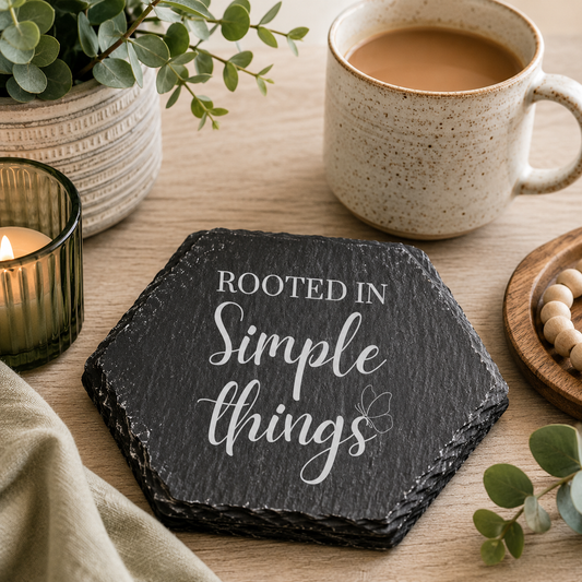 Hexagonal slate coaster with 'rooted in simple things' text on a wooden surface with plants.