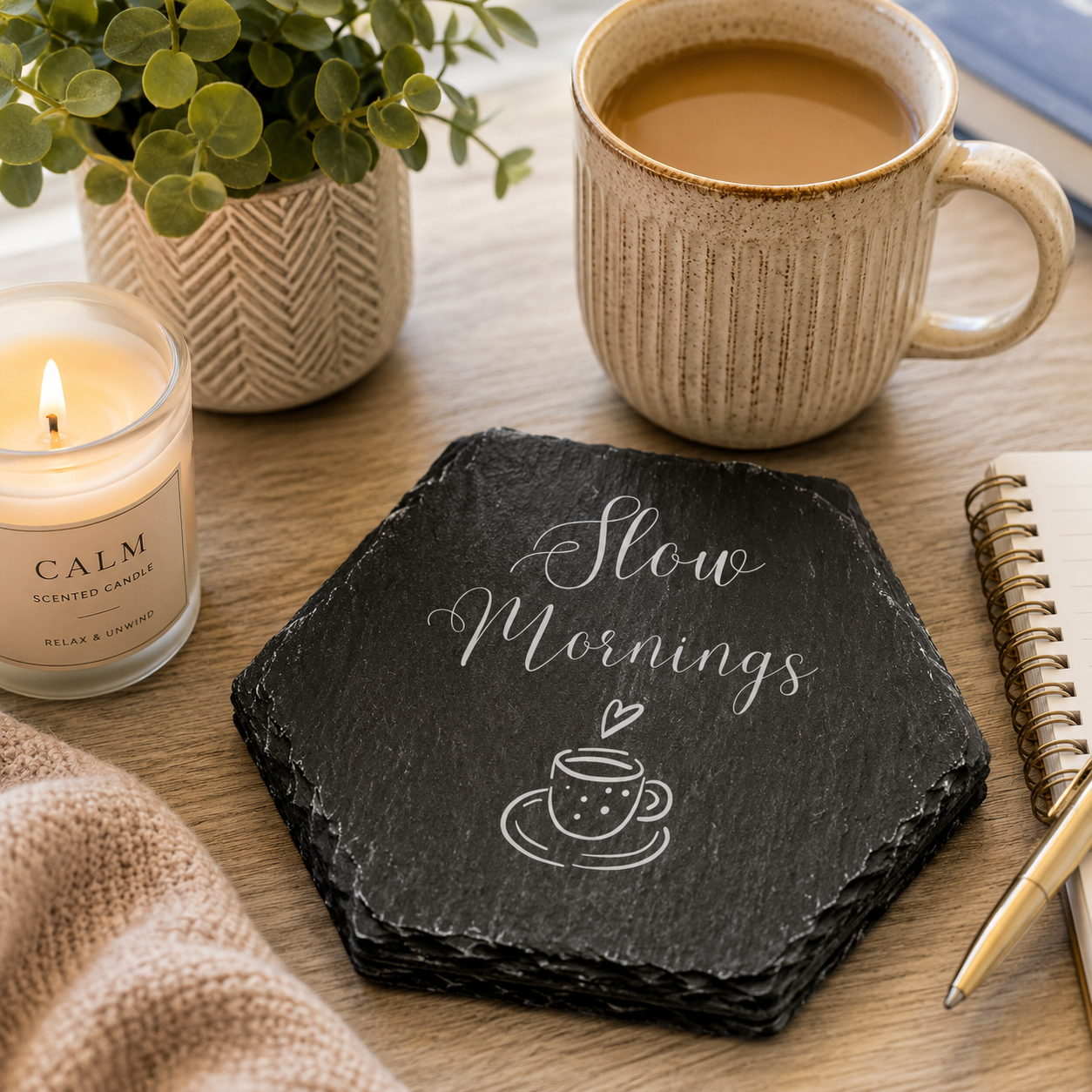 Hexagonal slate coaster with 'slow mornings' text on a wooden surface with plants, candle and mug of tea.