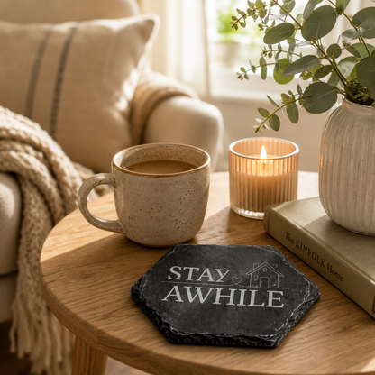 Hexagonal slate coaster with 'stay awhile' text on a wooden coffee table in a cosy living room with mug of tea, candle and plants.