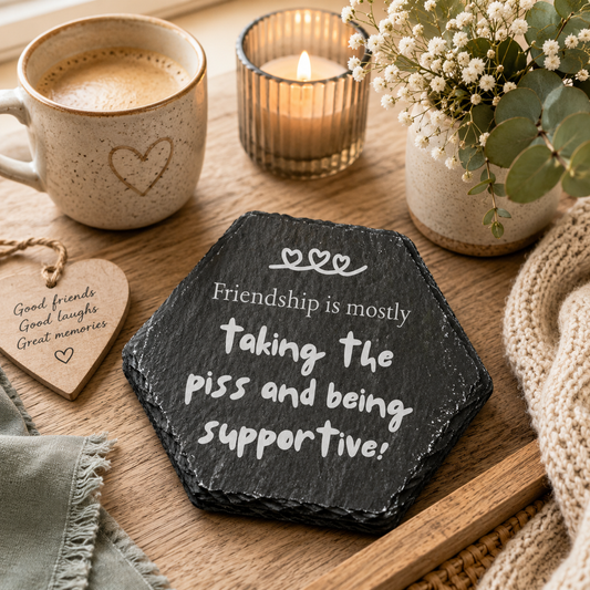 Hexagonal slate coaster with funny friendship quote on a wooden surface with plants, mug of tea and a candle.