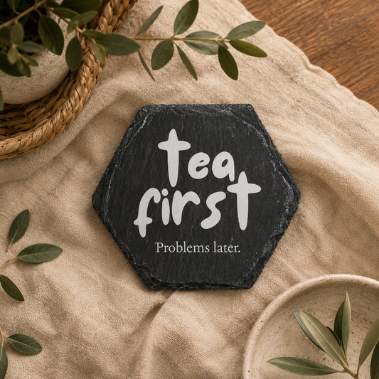 Hexagonal slate coaster with 'tea first problems later' text on a wooden surface with plants.