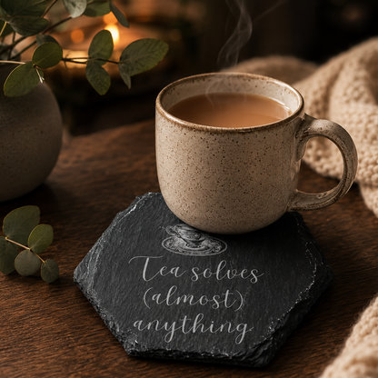 Hexagonal slate coaster with 'tea solves almost anything' text on a wooden surface with plants and cup of tea.