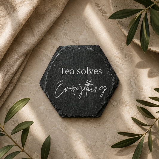Hexagonal slate coaster with 'tea solves everything' text on a marble surface with plants.