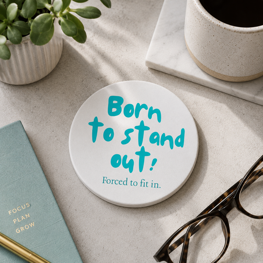Round Ceramic Quote Coaster - "Born to stand out! Forced to fit in."