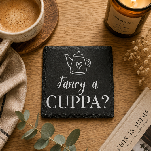 Slate coaster with 'Fancy a Cuppa?' design on a wooden surface with a cup of coffee, candle, and book.
