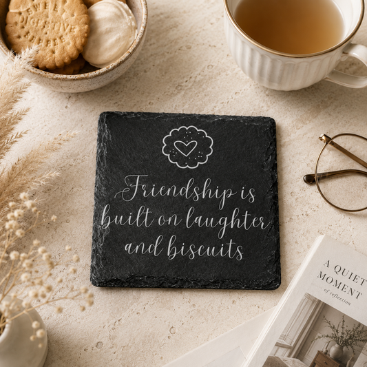 Slate coaster with 'Friendship is built on laughter and biscuits' text, cup of tea, cookies, and glasses on a table.