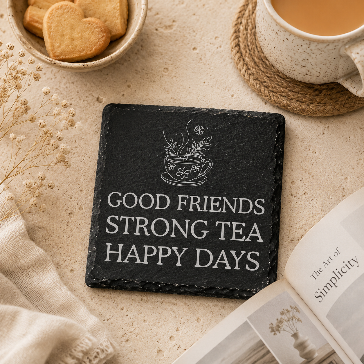 Slate coaster with 'Good friends strong tea happy days' text on a table with a cup of coffee, candle, and book.