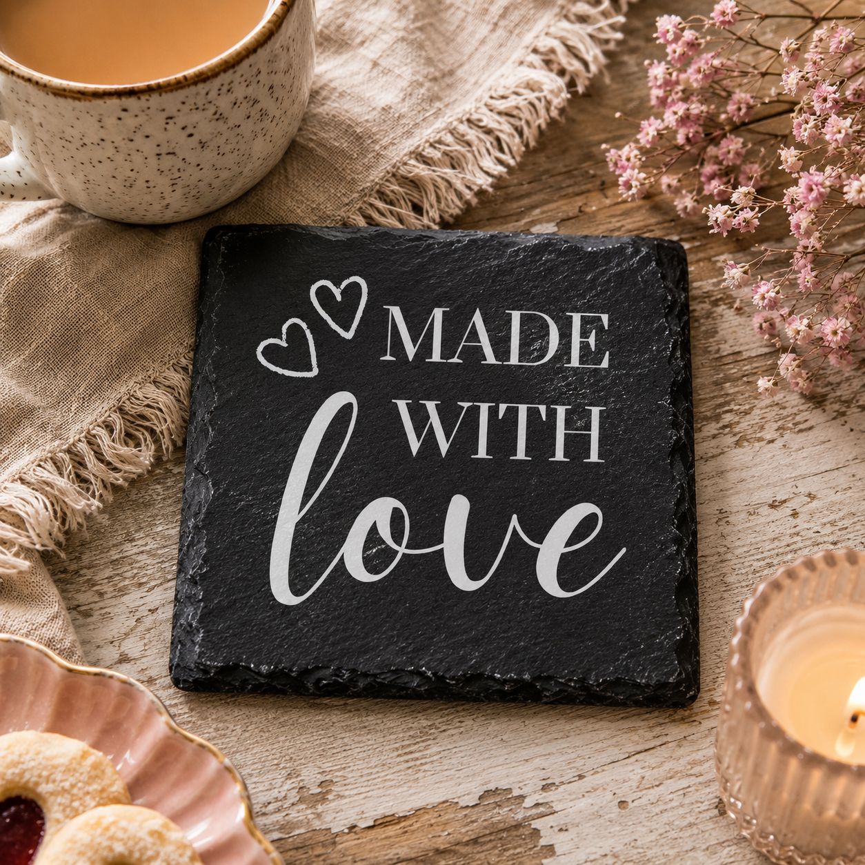 Slate coaster with 'Made with Love' text on a wooden surface with a cup of coffee, cookies, and flowers.