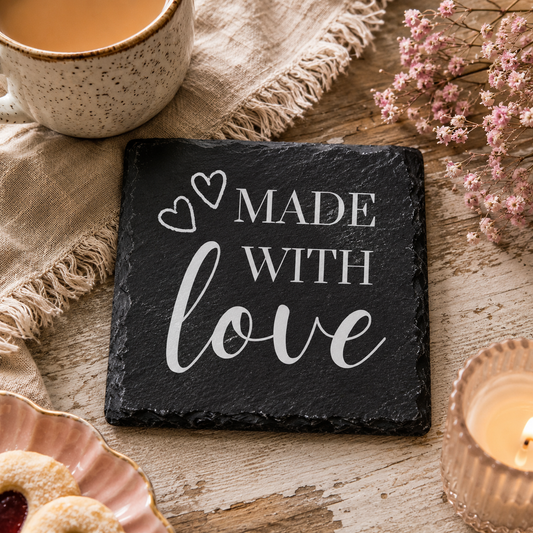 Slate coaster with 'Made with Love' text on a wooden surface with a cup of coffee, cookies, and flowers.