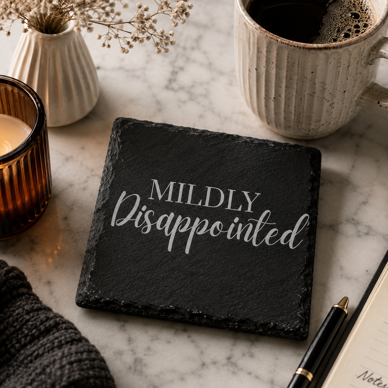 Slate coaster with 'Mildly disappointed' text on a wooden table with a cup of coffee, candle, and book.