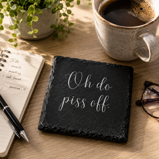 Slate coaster with 'Oh do piss off' text on a desk with coffee, notebook, and glasses.
