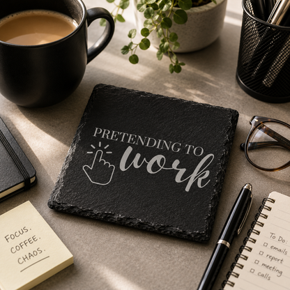 Slate coaster with 'Pretending to work' text on a desk with coffee, pen, and glasses.