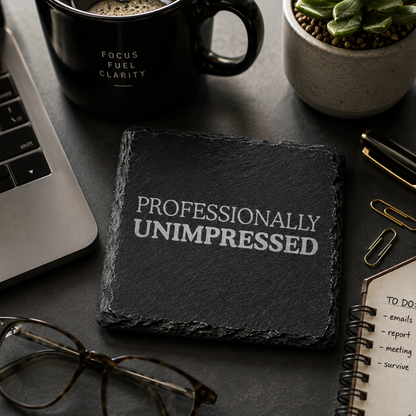 Slate coaster with 'Professionally Unimpressed' text on a desk with laptop, mug, and plant.