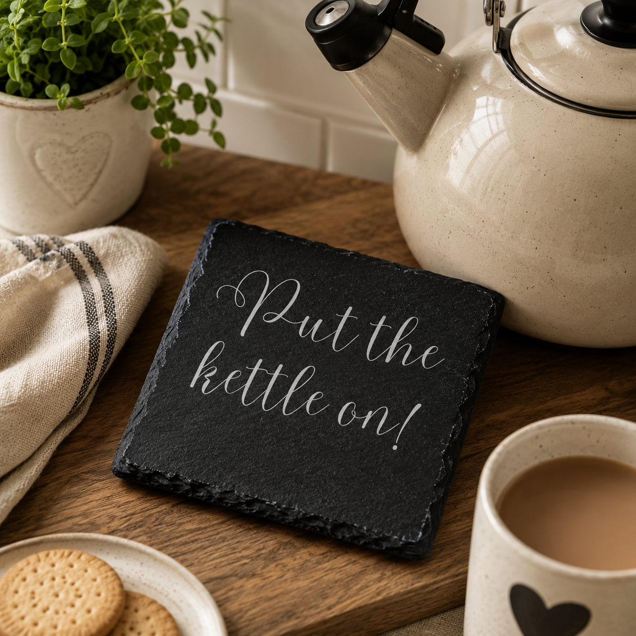 Slate coaster with 'Put the kettle on!' text on a wooden table with a teapot, mug, and cookies.