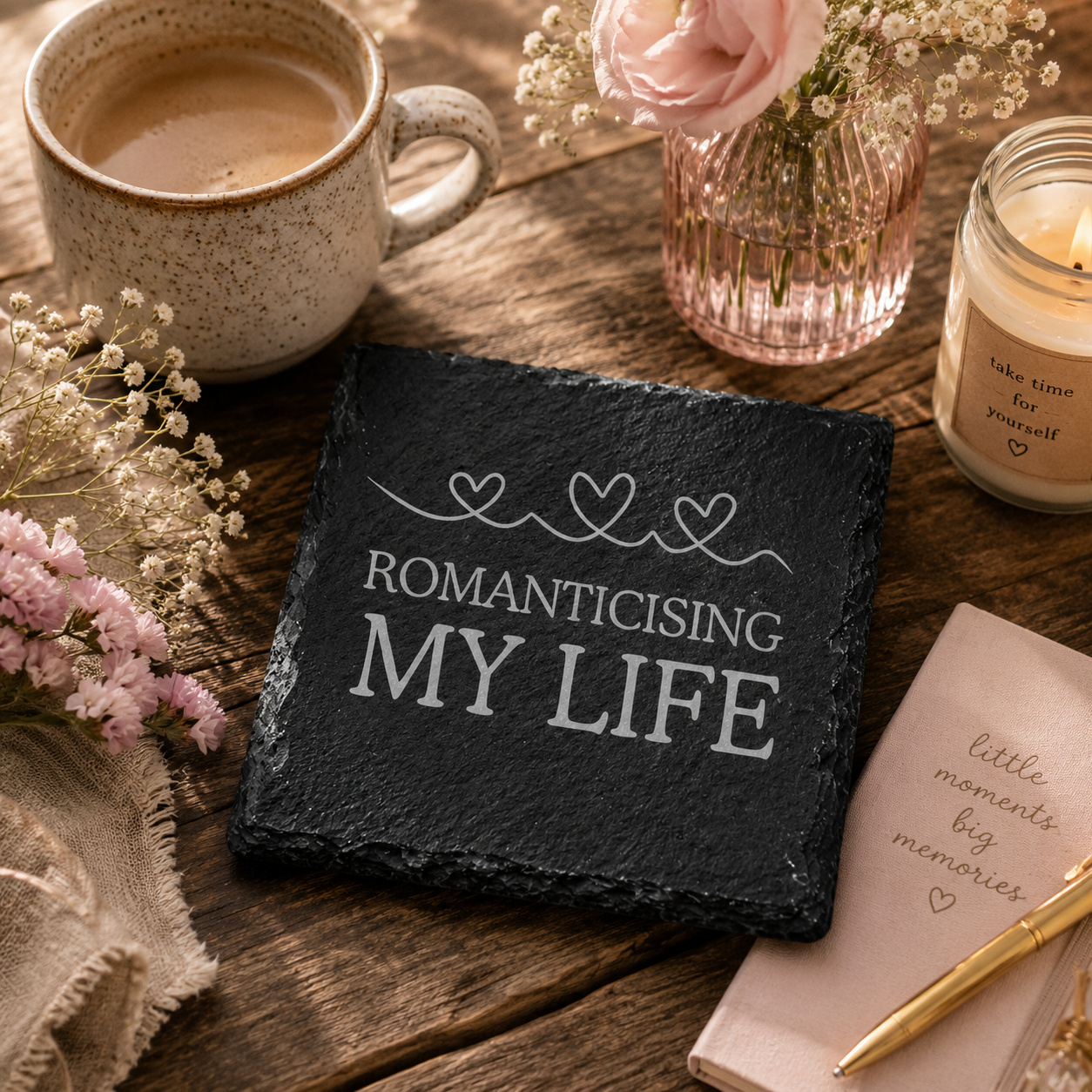 Slate coaster with 'Romanticising My Life' text on a wooden table with coffee, flowers, and candle.