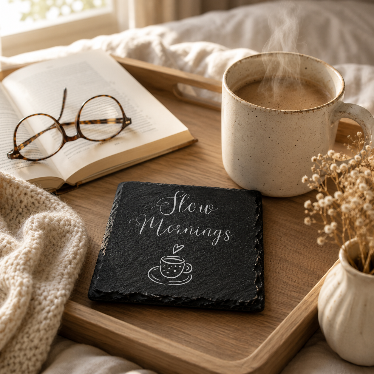 Slate coaster with 'Slow Mornings' text on a wooden tray with a cup of coffee, glasses, and book.