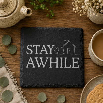 Slate coaster with 'Stay Awhile' text on a wooden table with tea and cookies.