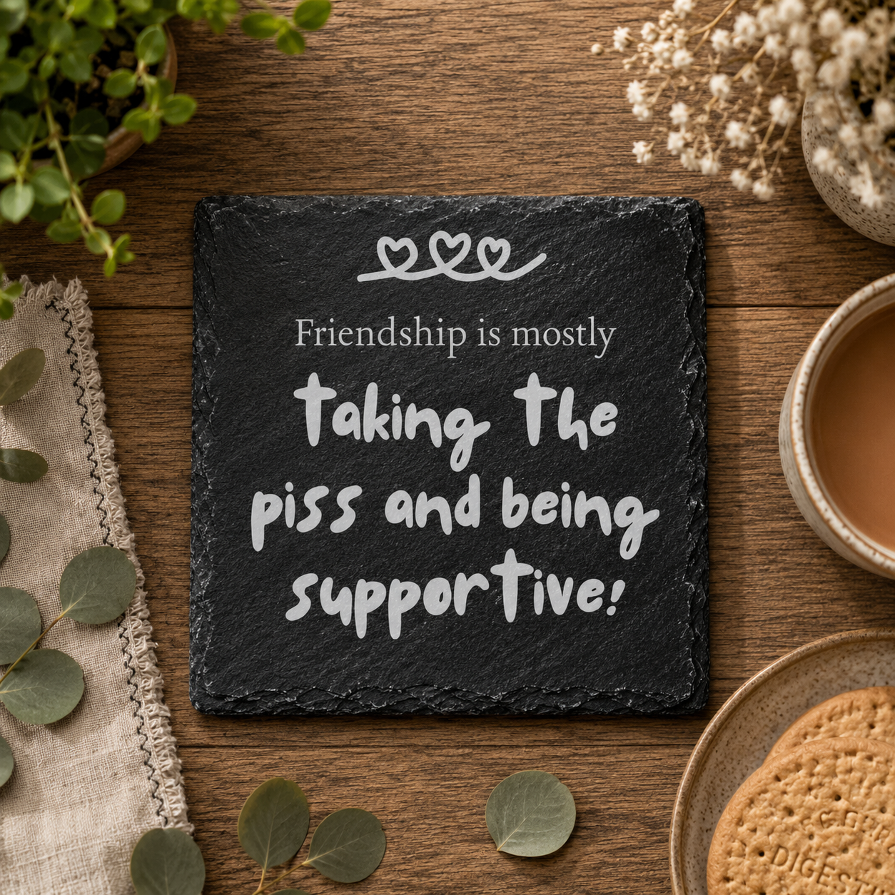 Slate coaster with 'Friendship is mostly taking the piss and being supportive' text on a wooden table with plants and a cup.