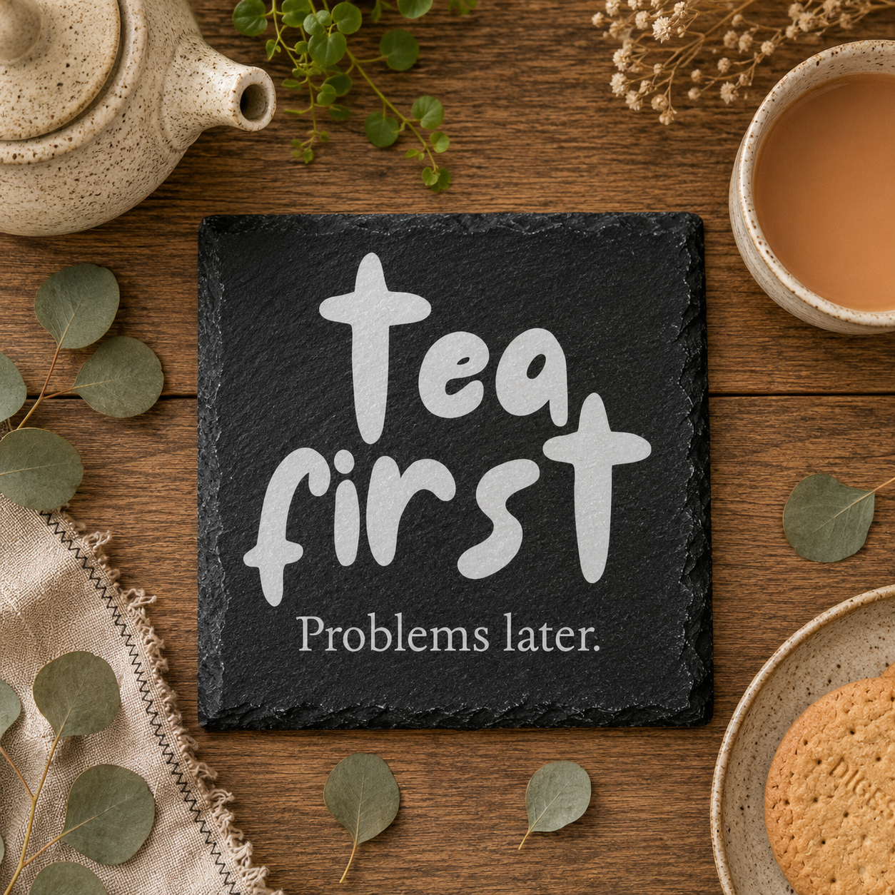 Tea first problems later slate coaster on a wooden table with tea and cookies.