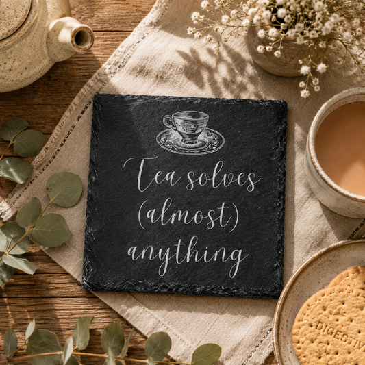 Slate coaster with 'Tea solves (almost) anything' quote on a wooden table with tea and cookies.