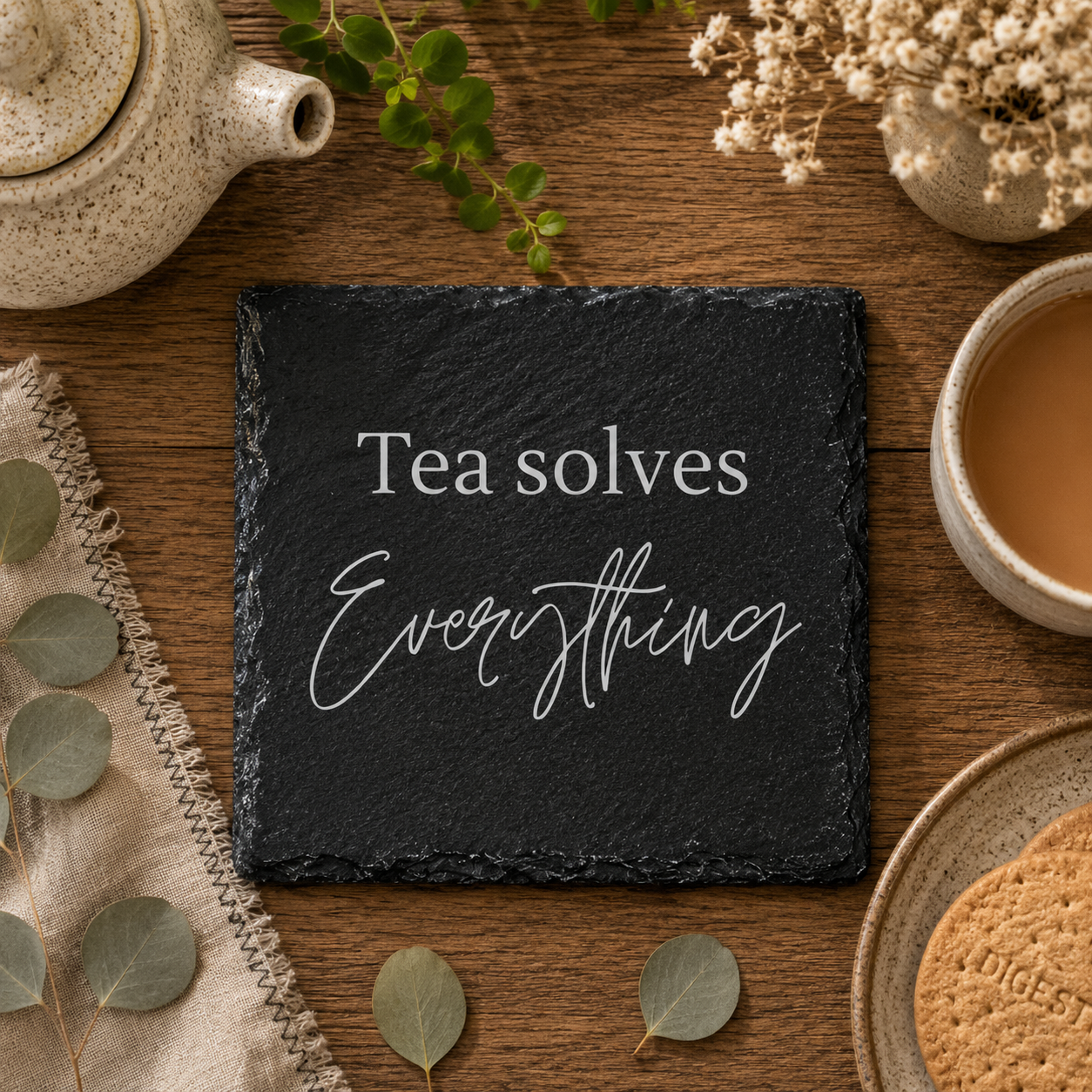 Slate coaster with 'Tea solves Everything' text on a wooden table with tea and cookies.