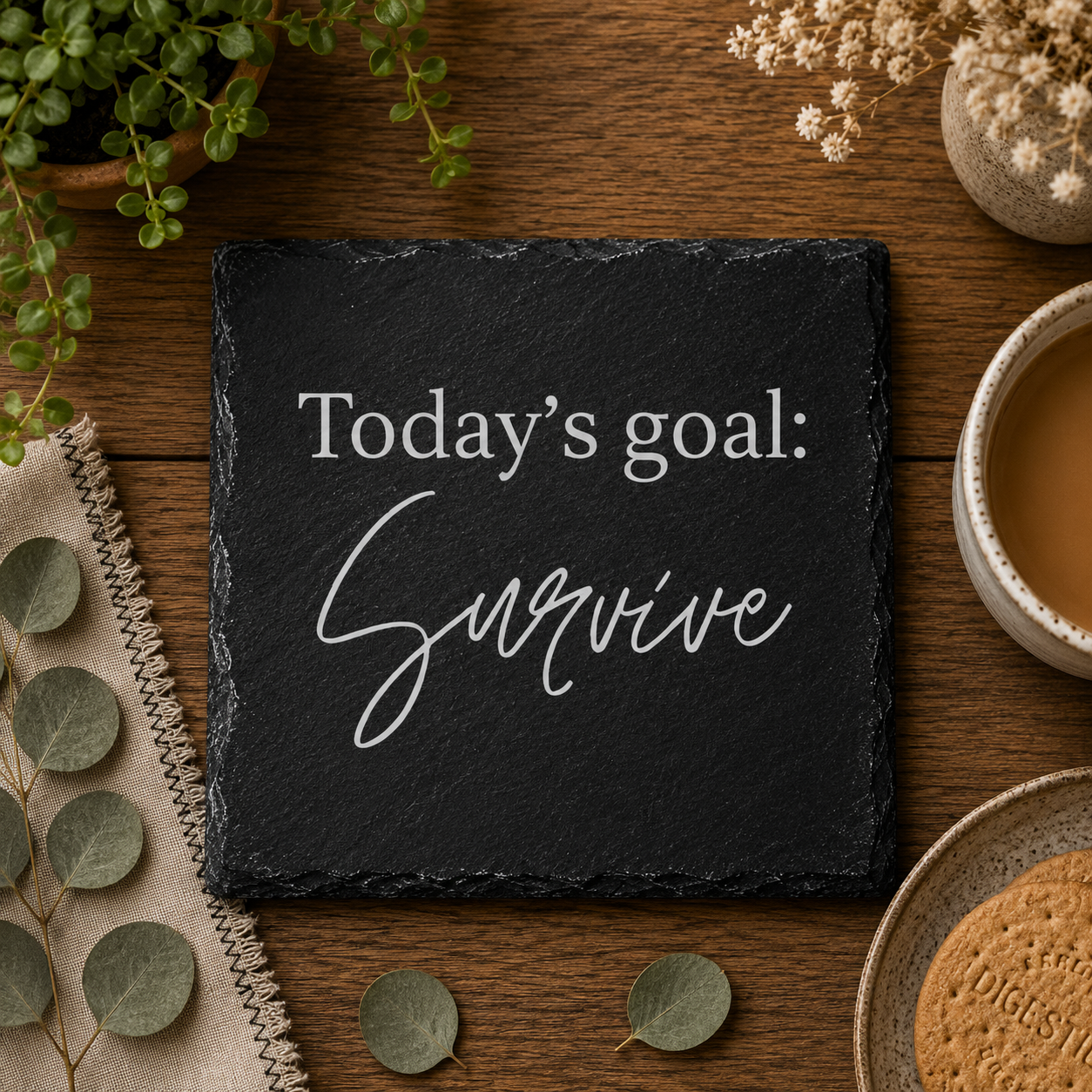 Black slate coaster with 'Today's goal: Survive' text on a wooden table with plants and a cup of coffee.