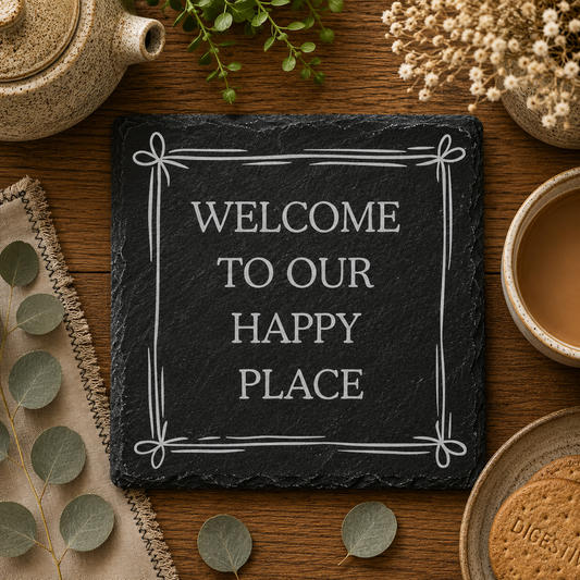 Slate coaster with 'Welcome to our happy place' text on a wooden table with tea and cookies.