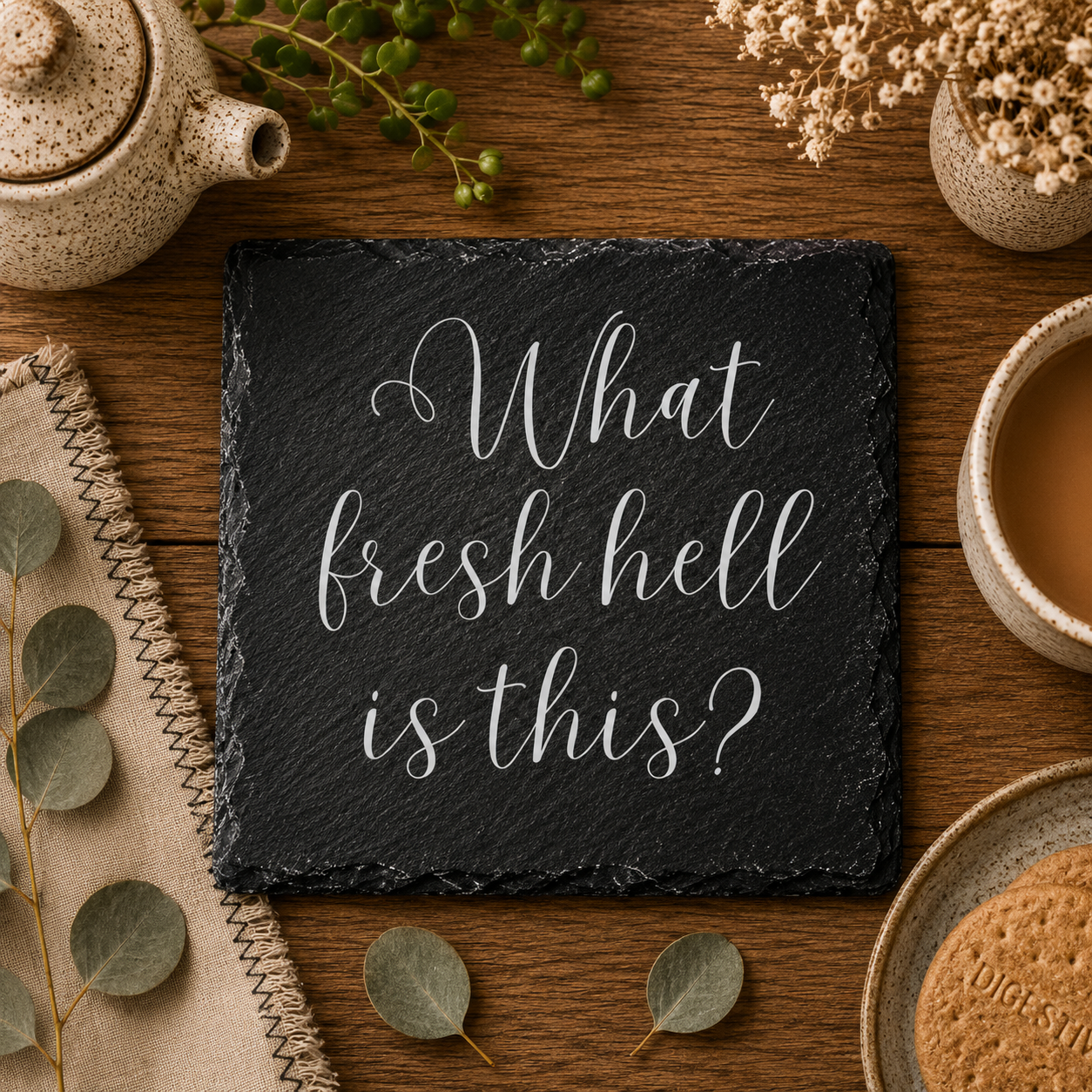 Slate coaster with text 'What fresh hell is this?' on a wooden table with tea and cookies.