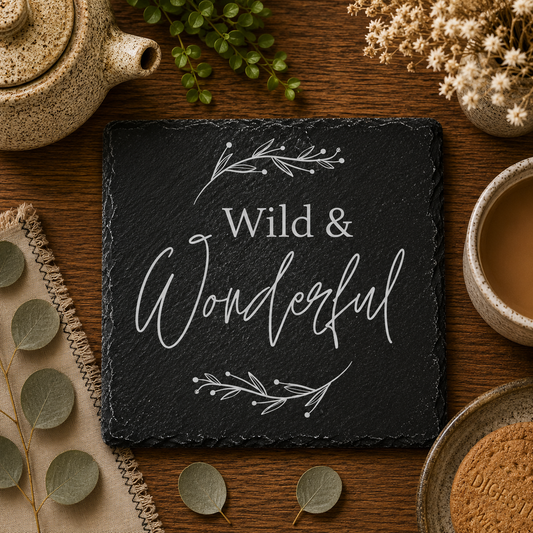 Slate coaster with 'Wild & Wonderful' text on a wooden table with tea and leaves.