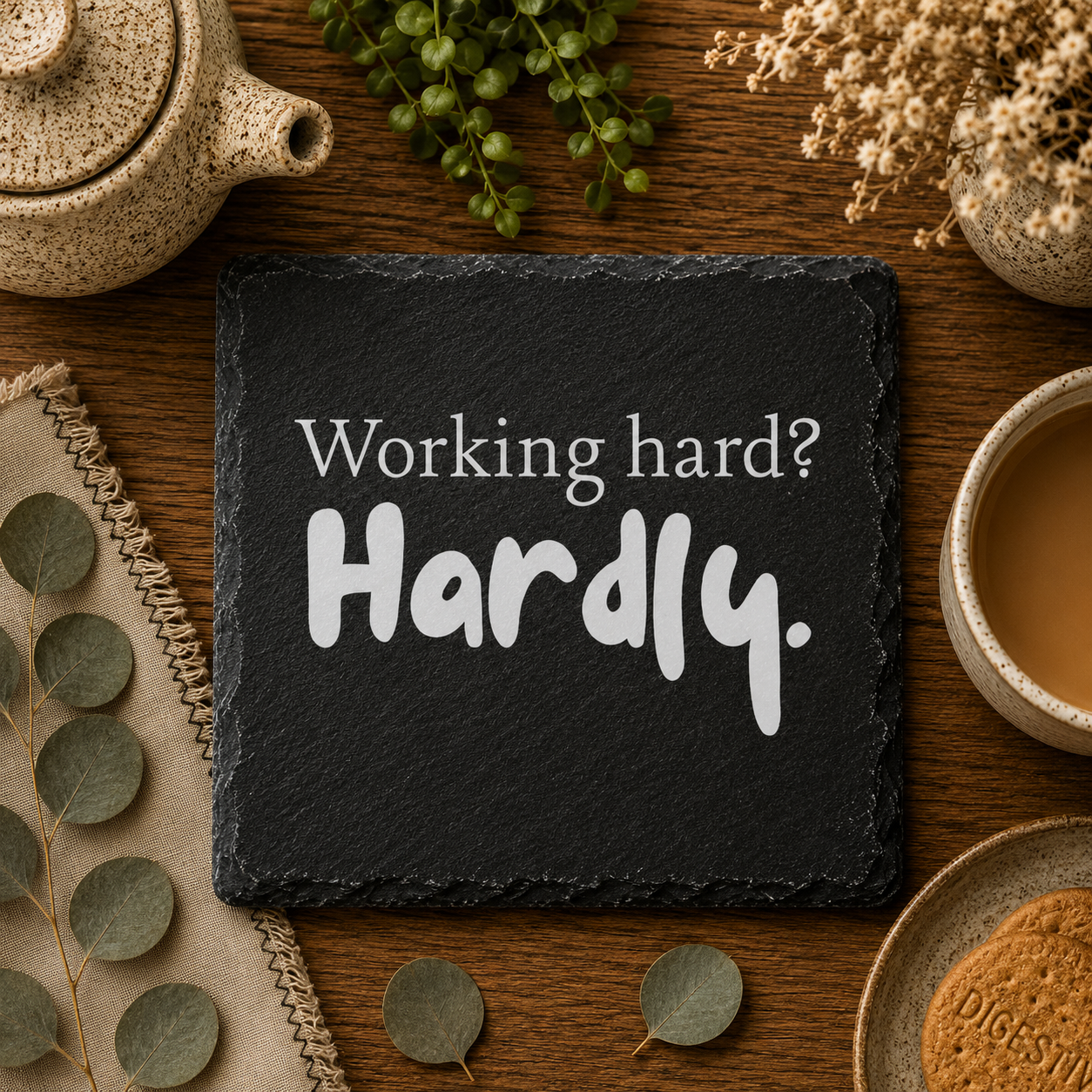 Slate coaster with 'Working hard? Hardly.' text on a wooden table with tea and plants.