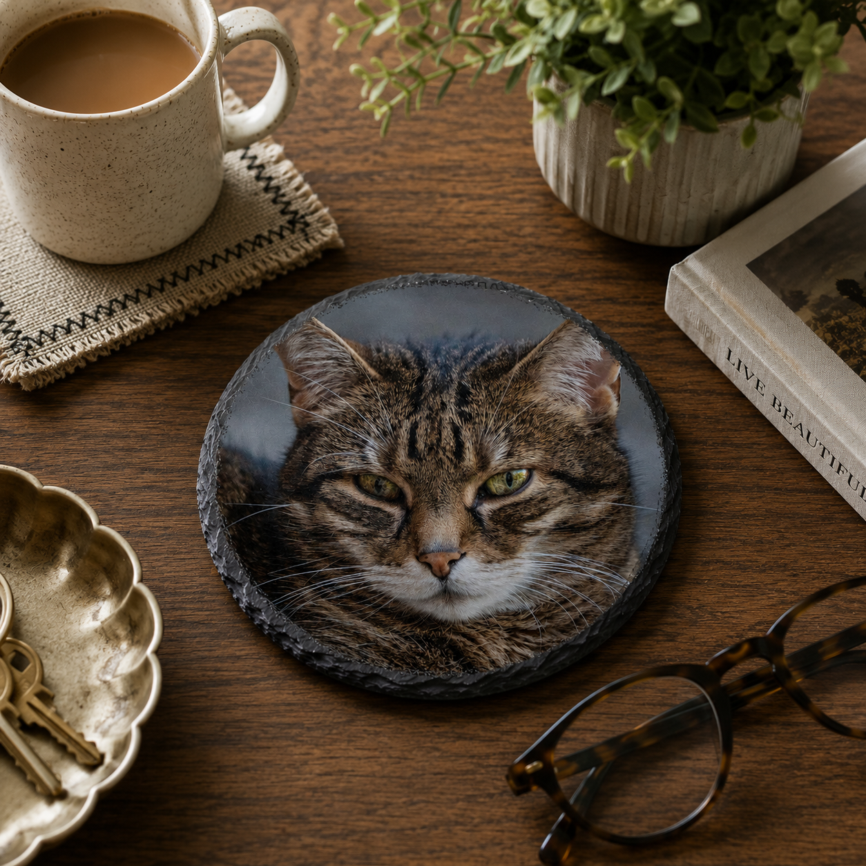 Round slate coaster with a photo of a pet cat on a wooden table with a mug, plant, and glasses.