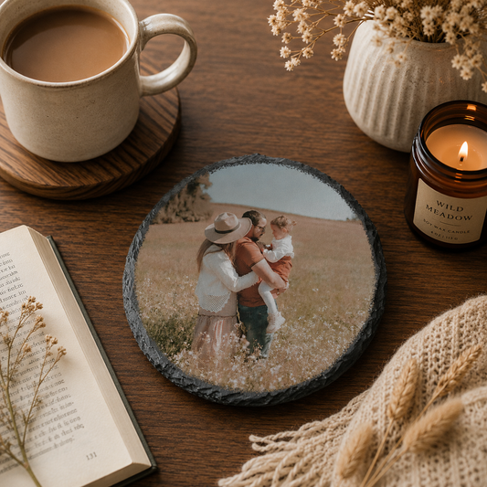 Round slate coaster with a family photo of a couple and child on a wooden table with a cup of coffee, book, and candle.