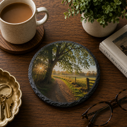 Round slate coaster with a photo of a nature scene on a wooden table with a cup of coffee, plant, and book.